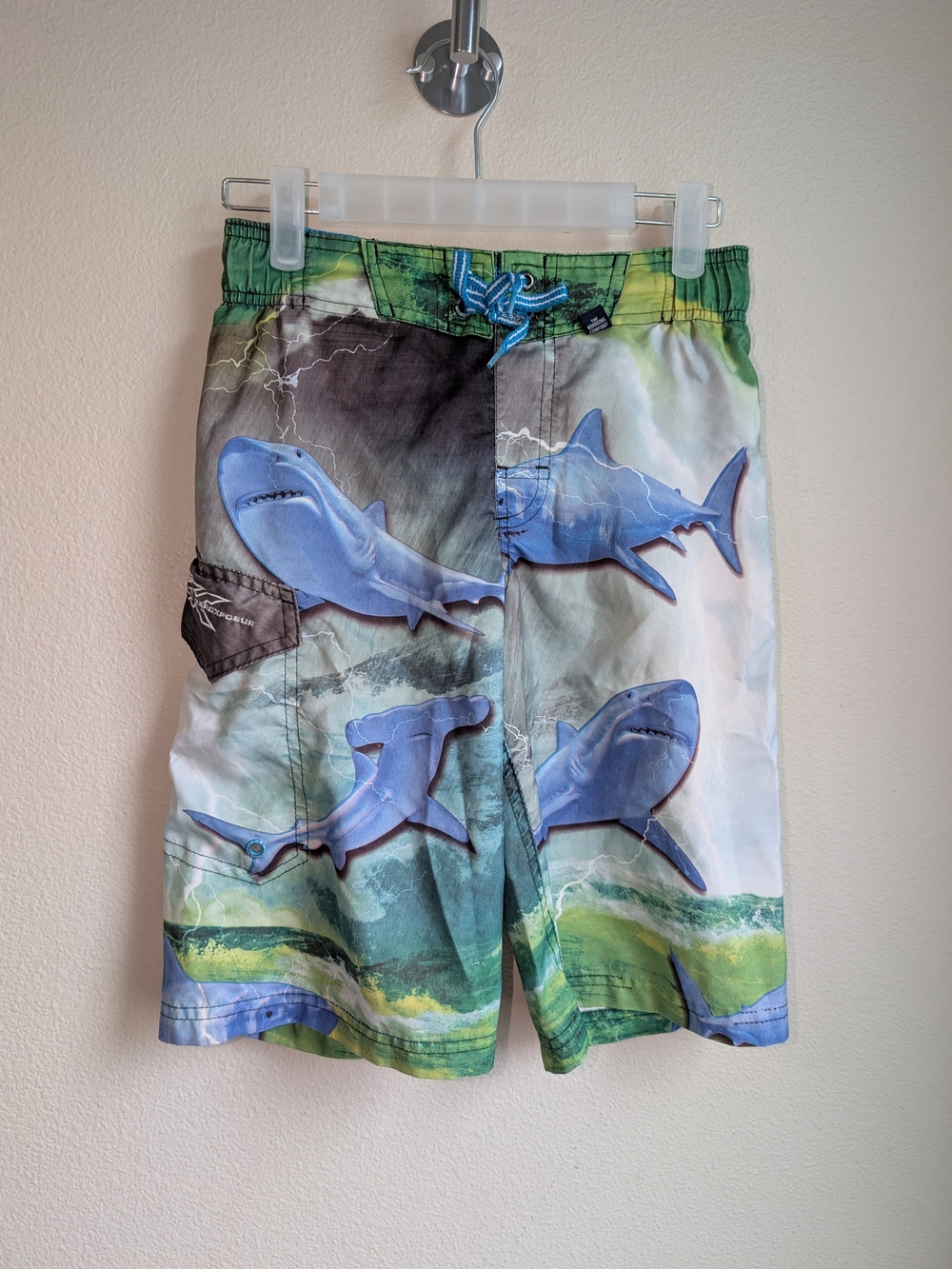 ZeroXposur Blue and Green Shark-Print Swim Trunks Size 8